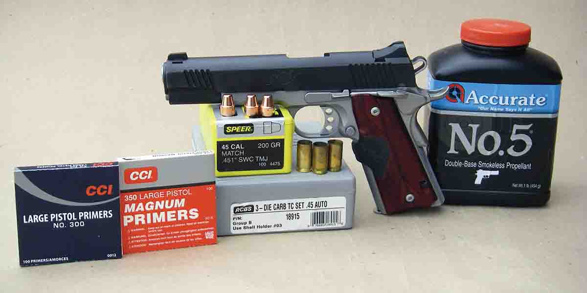 Select .45 ACP handloads can be utilized with large pistol magnum primers.